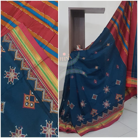 Teal cotton blend ilkal with traditional kasuti embroidery