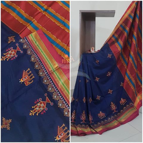 Navy blue cotton blend ilkal with traditional kasuti embroidery