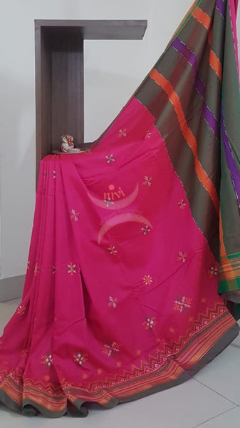 Pink cotton blend ilkal with traditional kasuti embroidery