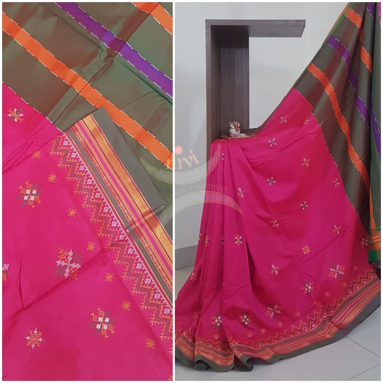 Pink cotton blend ilkal with traditional kasuti embroidery