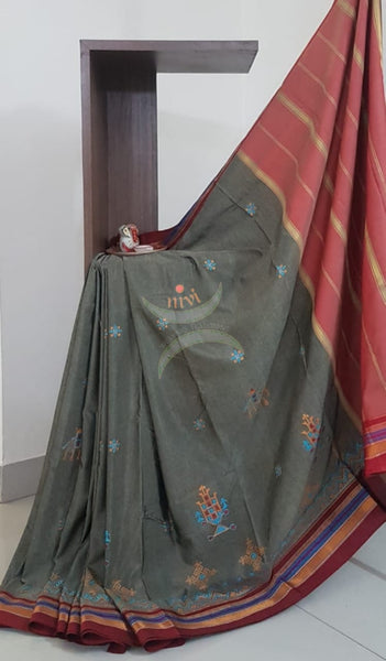 Grey with maroon cotton blend ilkal with traditional kasuti embroidery