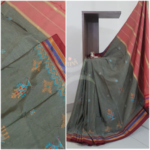 Grey with maroon cotton blend ilkal with traditional kasuti embroidery