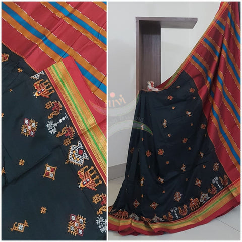 Black cotton blend ilkal with traditional kasuti embroidery