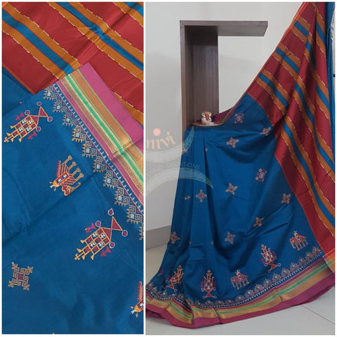 Teal cotton blend ilkal with traditional kasuti embroidery