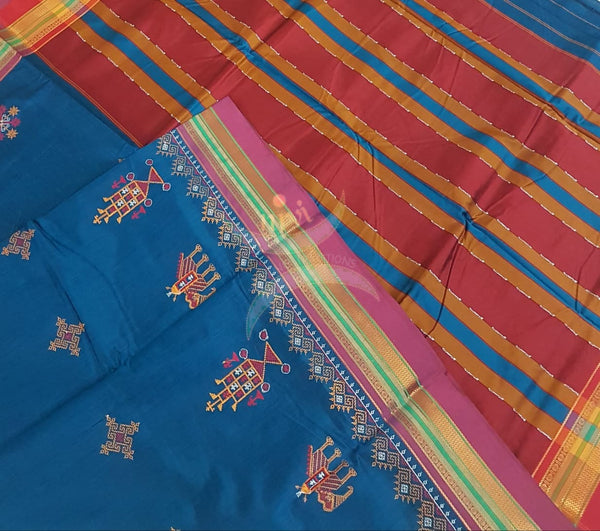 Teal cotton blend ilkal with traditional kasuti embroidery