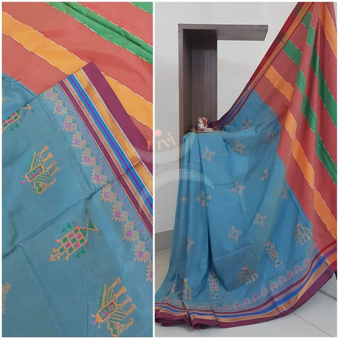 Blue cotton blend ilkal with traditional kasuti embroidery