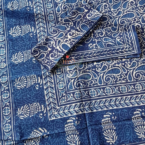 Handloom indigo handblock printed pure cotton king size bed sheet of size 90×108 inches