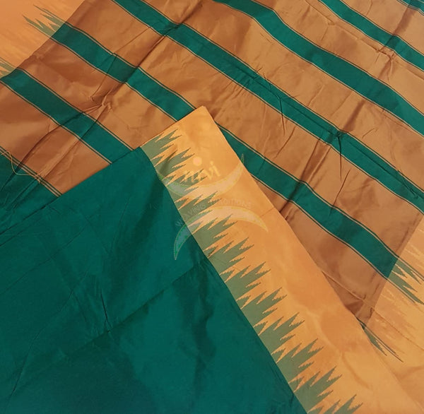 Green Cotton blended woven saree with temple border