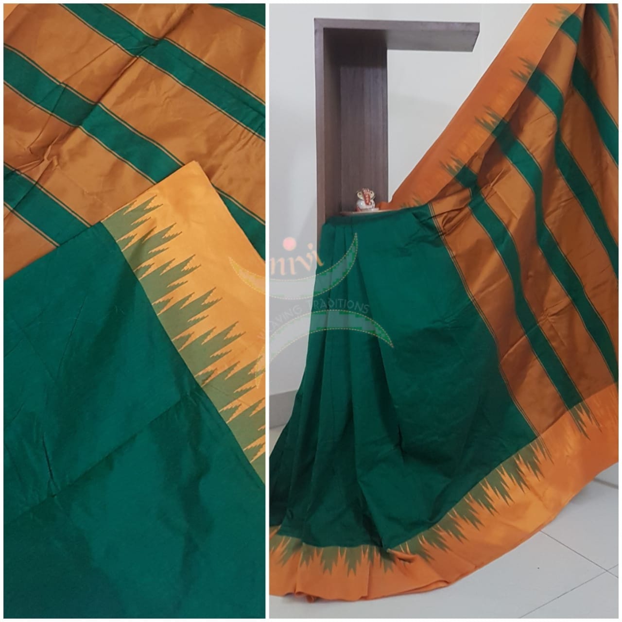 Green Cotton blended woven saree with temple border