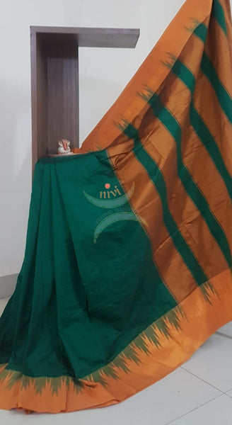 Green Cotton blended woven saree with temple border