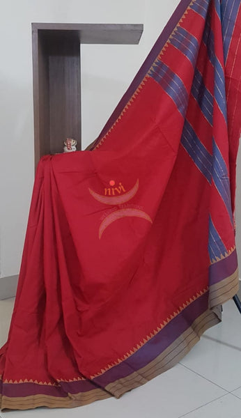 Reddish Pink Cotton blended woven saree with temple border
