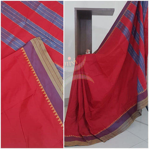 Reddish Pink Cotton blended woven saree with temple border