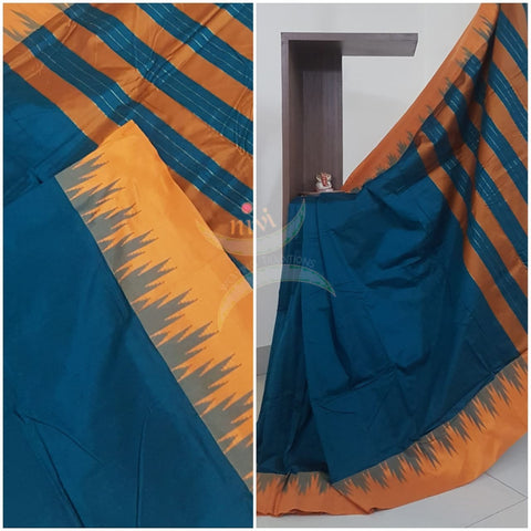 Teal Cotton blended woven saree with temple border
