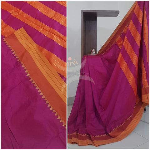 Pink Cotton blended woven saree with temple border