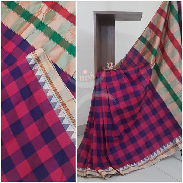 Cotton blended chequared woven saree with gadwal border