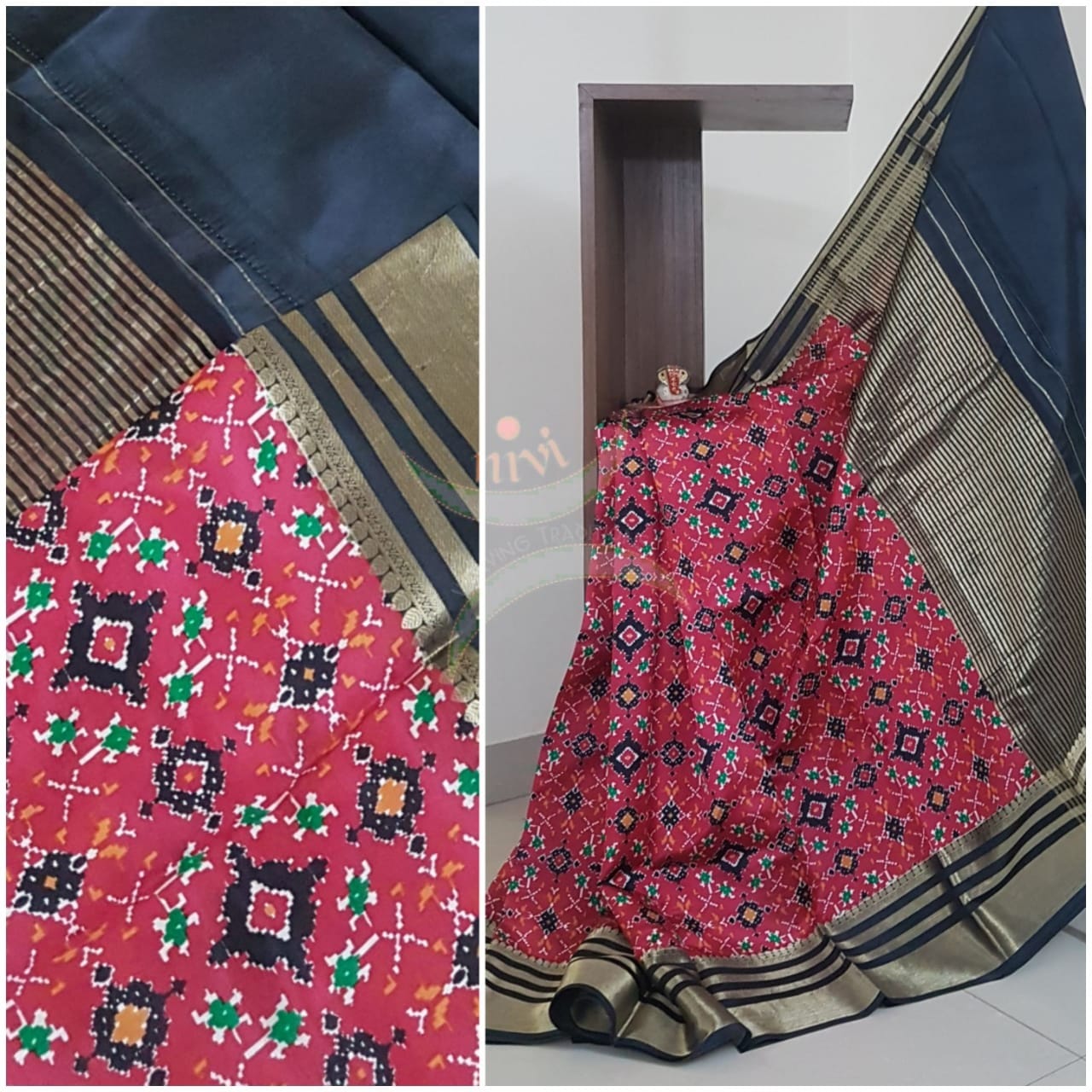 Printed patola silk saree with contrast black blouse and border