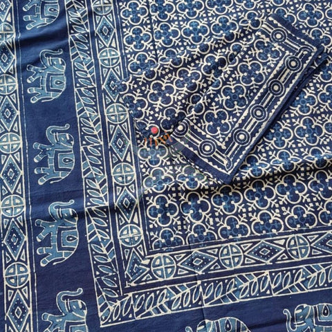 Handloom indigo handblock printed pure cotton king size bed sheet of size 90×108 inches