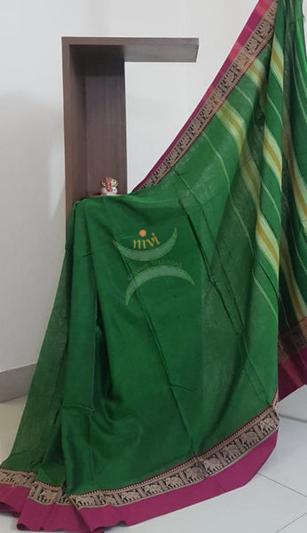 Green south cotton saree with traditional woven border