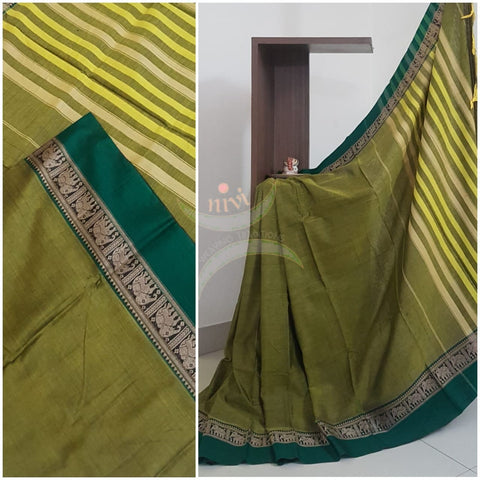 Mehendi green south cotton saree with traditional woven border