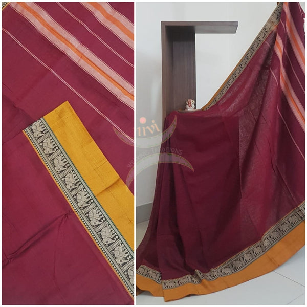 Maroon south cotton saree with traditional woven border