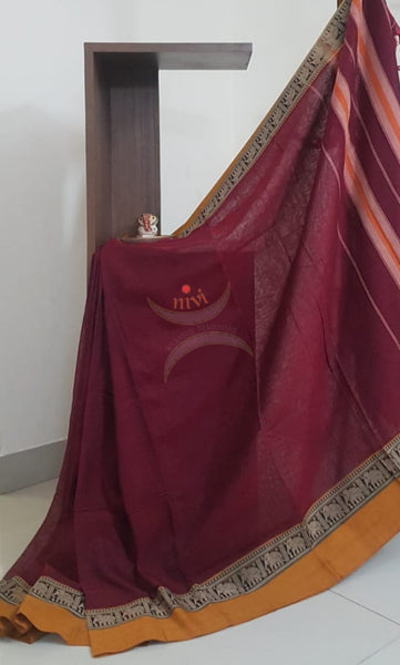 Maroon south cotton saree with traditional woven border