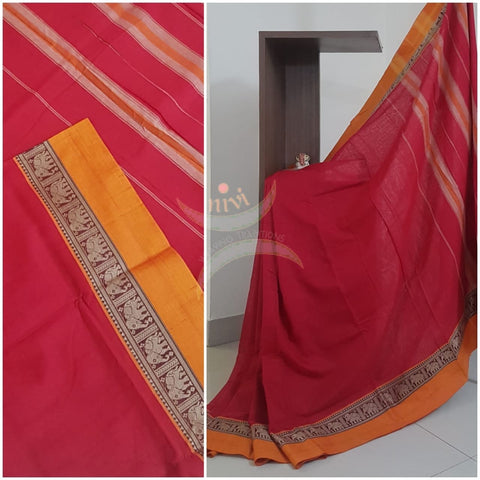 Red south cotton saree with traditional woven border
