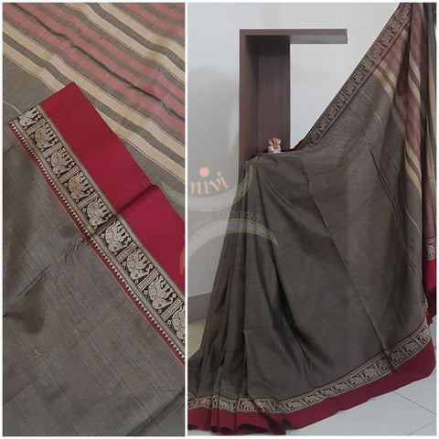 Steel grey south cotton saree with traditional woven border