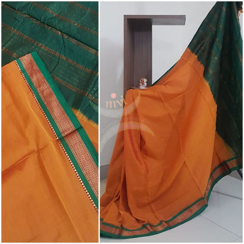 Orange south cotton saree with traditional zari border