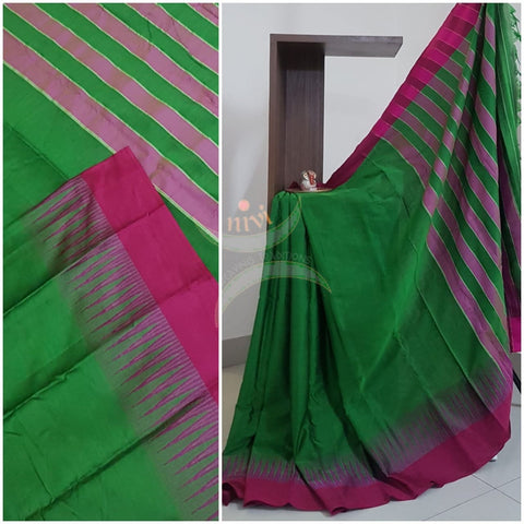 Green traditional south mercerised cotton saree with temple border