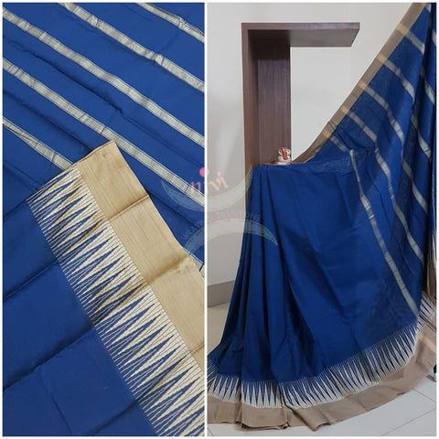 Royal blue traditional south mercerised cotton saree with temple border