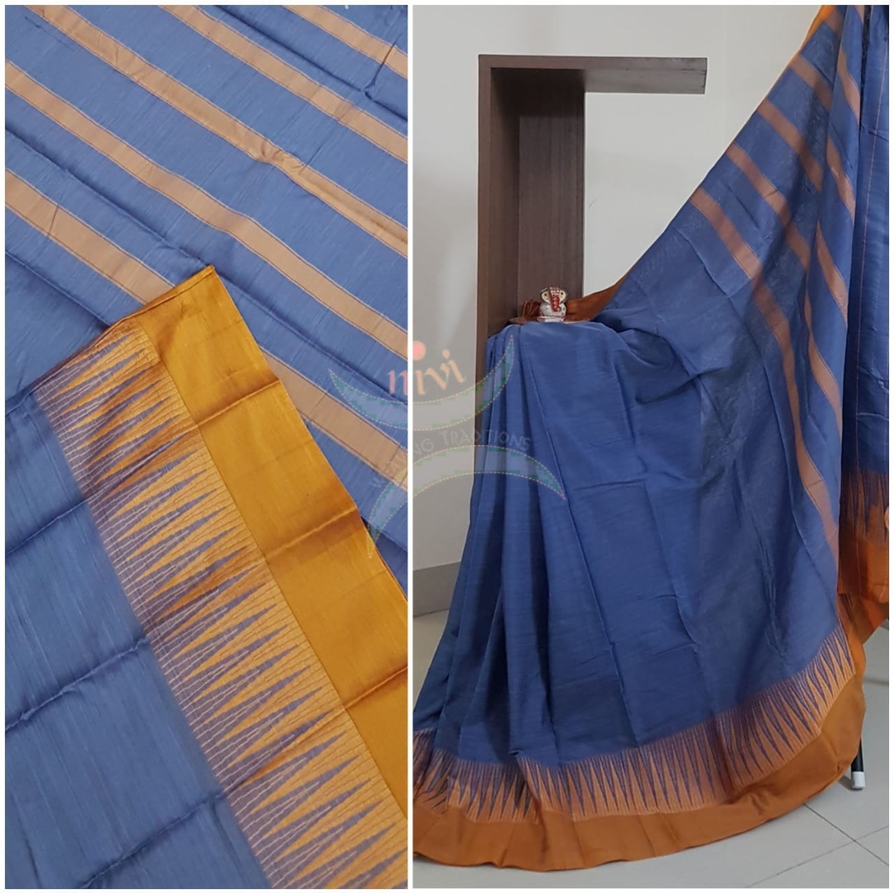 Blue traditional south mercerised cotton saree with temple border