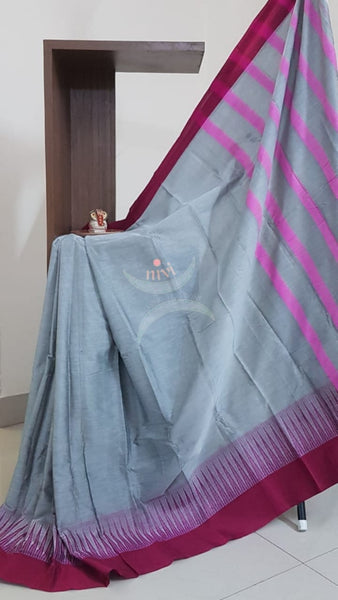 Silverish grey traditional south mercerised cotton saree with temple border