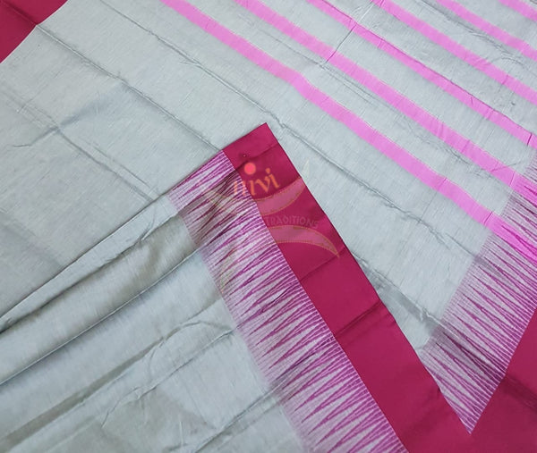 Silverish grey traditional south mercerised cotton saree with temple border