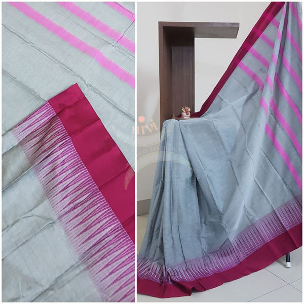 Silverish grey traditional south mercerised cotton saree with temple border