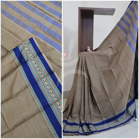 Dark beige south cotton saree with traditional woven border