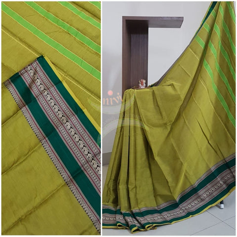 Green south cotton saree with traditional woven border