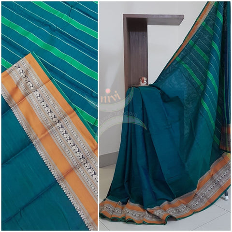 Teal south cotton saree with traditional woven border