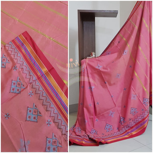 Pink cotton blend ilkal with traditional kasuti embroidery