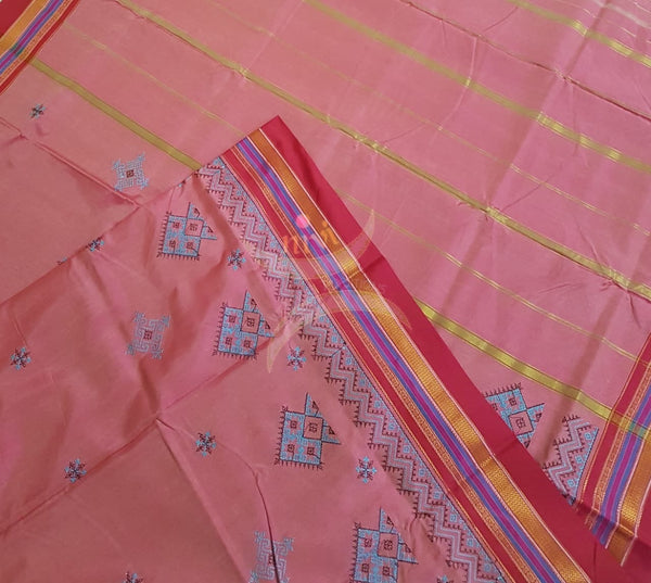 Pink cotton blend ilkal with traditional kasuti embroidery