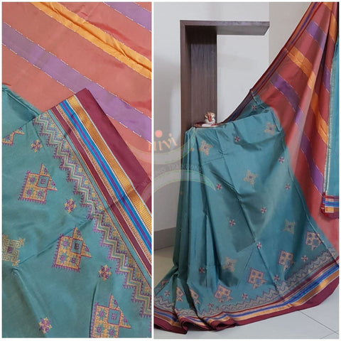 Bluish grey cotton blend ilkal with traditional kasuti embroidery