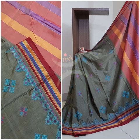 Grey cotton blend ilkal with traditional kasuti embroidery