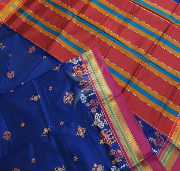 Royal blue cotton blend ilkal with traditional kasuti embroidery