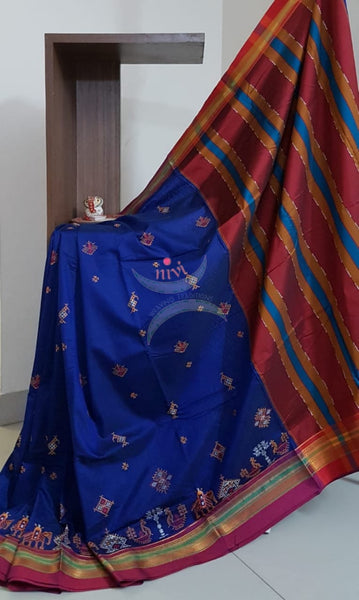 Royal blue cotton blend ilkal with traditional kasuti embroidery