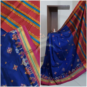 Royal blue cotton blend ilkal with traditional kasuti embroidery