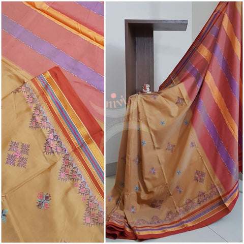 Cream cotton blend ilkal with traditional kasuti embroidery