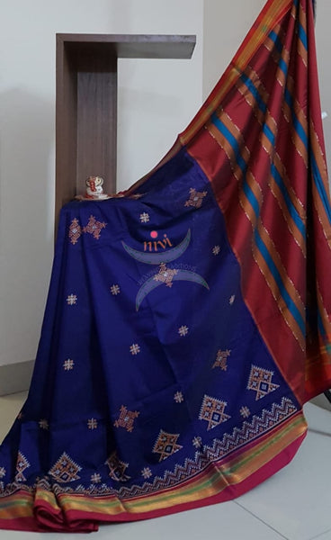 Royal blue cotton blend ilkal with traditional kasuti embroidery