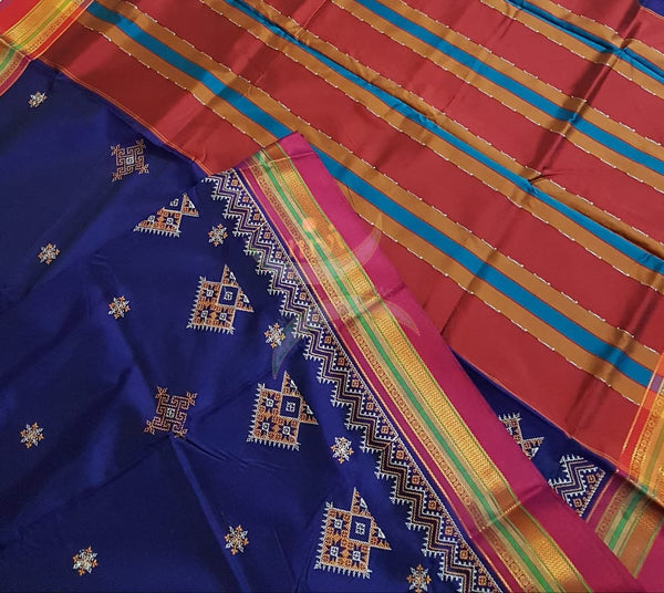 Royal blue cotton blend ilkal with traditional kasuti embroidery