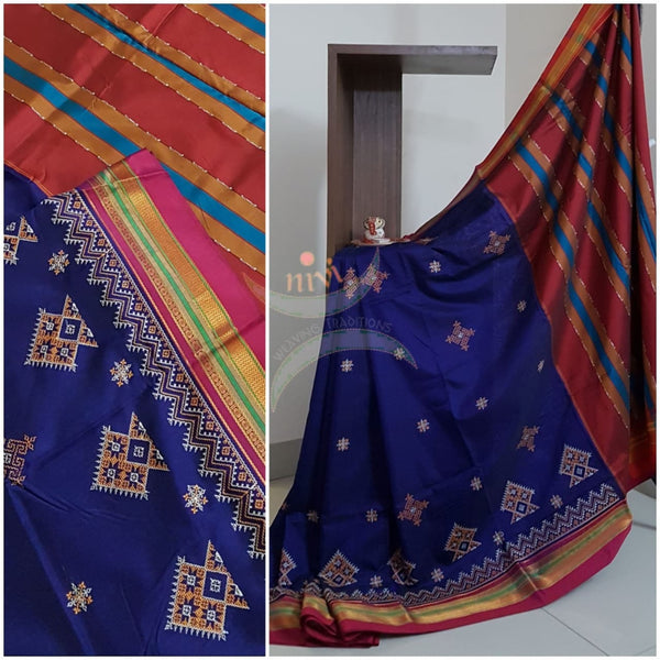 Royal blue cotton blend ilkal with traditional kasuti embroidery