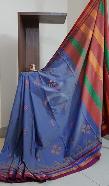 Blue cotton blend ilkal with traditional kasuti embroidery