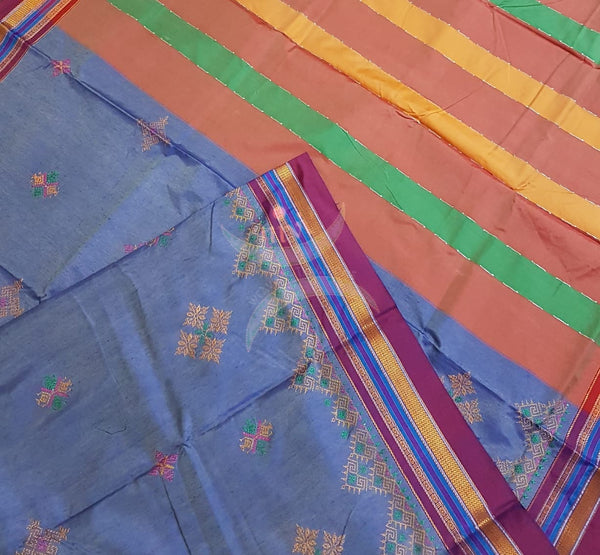 Blue cotton blend ilkal with traditional kasuti embroidery